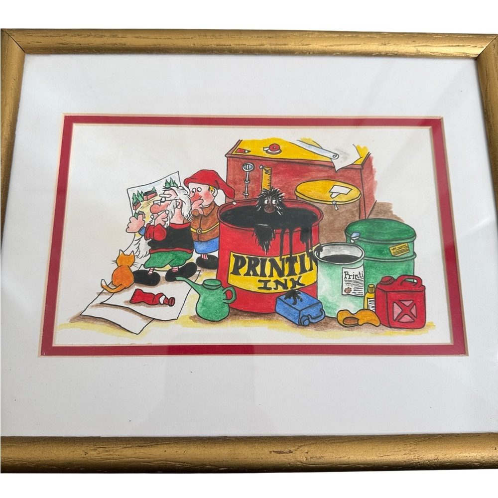 Santa Clause & His Elves Wall Decor Re-Drawn Painted Gold Frames Set of 3 - Picture 9 of 16